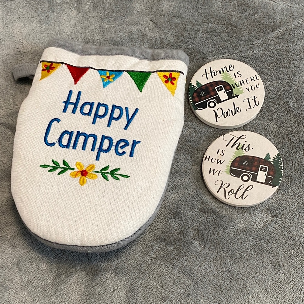 Happy Camper Oven Mitt and Coaster Set
